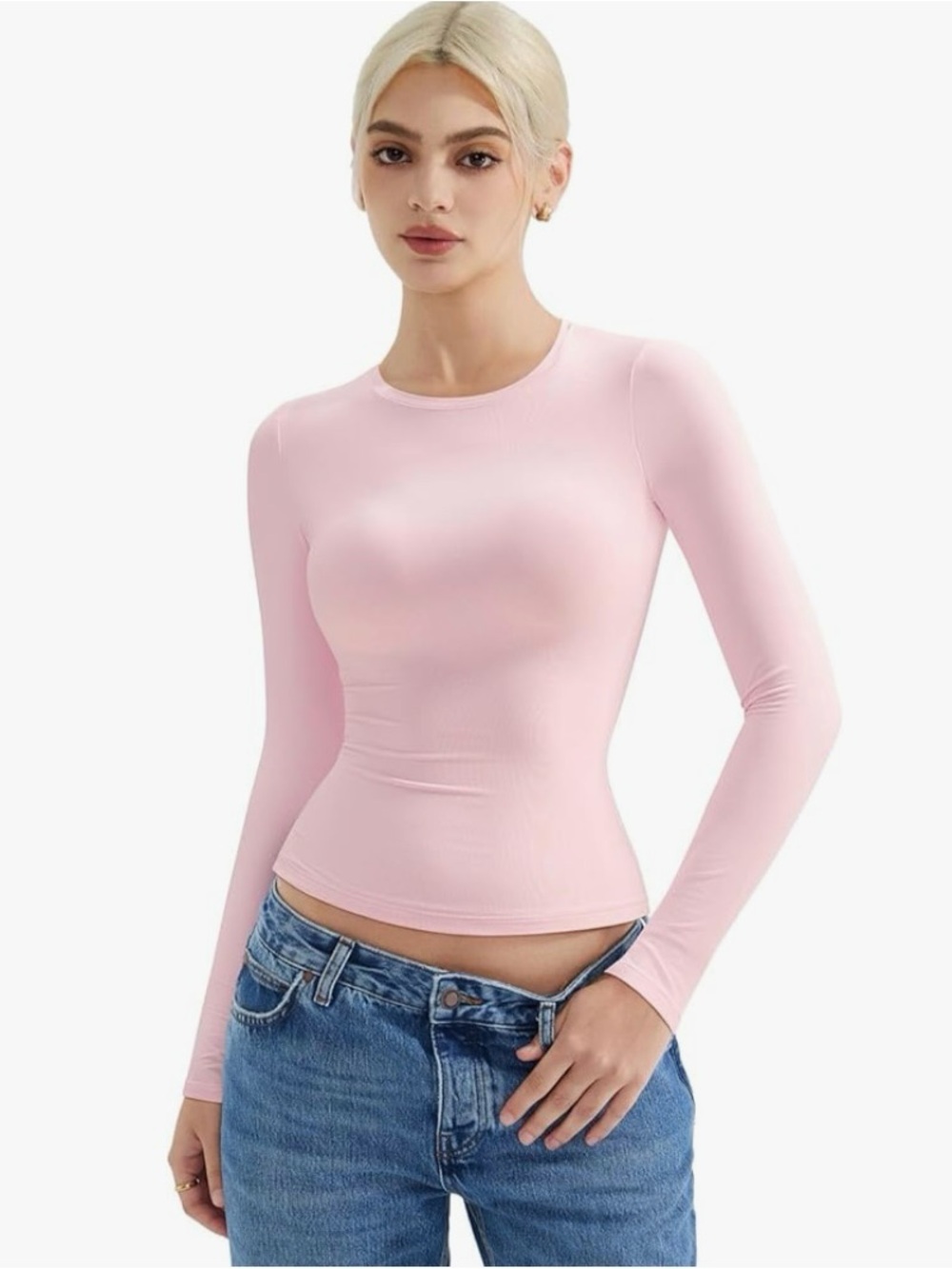 Women Pink Long-Sleeve Pink Crewneck Top Spandex and polyester